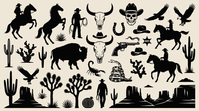 Detailed silhouette collection of Western elements: cowboys, horses, bison, cactus, skulls and desert scenery, concept for vintage posters, rodeo events and branding identity