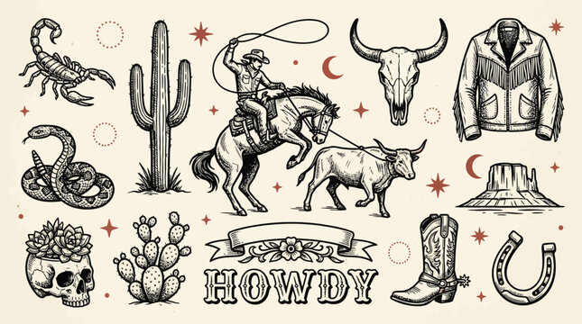 Engraved vector set of Western lifestyle elements: cowboy, bull, horse, cactus, skull, snake, boot and jacket, concept for vintage print, apparel design and rodeo event promotion