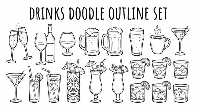 Comprehensive black outline doodle set illustrating diverse drinks including wine, beer, cocktails and coffee, concept for menu design, beverage packaging and adult coloring books