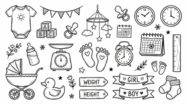 Detailed line art doodle collection of newborn essentials including scales, stroller, pacifier and clocks, concept for baby shower invitation, nursery decor and motherhood blogs