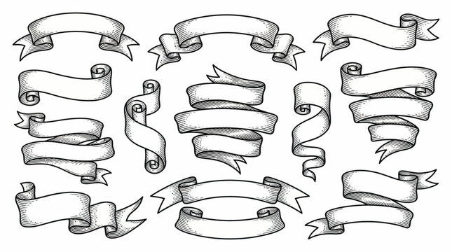 Set of detailed blank vintage ribbons and scrolls in black and white woodcut engraving style, concept for graphic design elements, decorative scroll frames and retro announcement headers