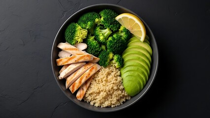 Healthy food bowl with chicken broccoli quinoa and avocado slices on dark surface
