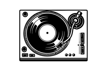 Record player top view showing platter, tonearm, and controls simplified