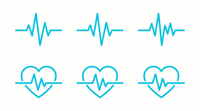 Six blue line art icons showing various ECG pulse traces and heartbeat symbols on a clean white background, concept for medical design, healthcare infographics and fitness applications