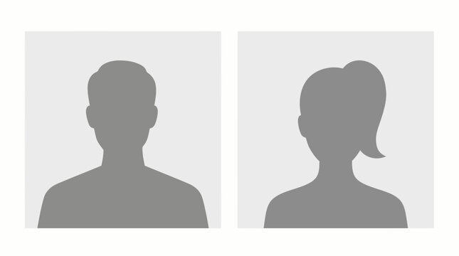 Male and female avatar silhouette photo placeholders set against a light gray background, concept for user profile display, corporate directory and web account registration