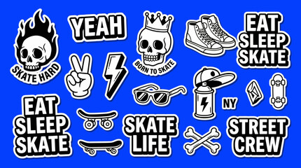 Black and white skateboard and street life doodle stickers collection featuring skulls, boards and text on bright blue background, concept for t-shirt printing, apparel design and wall decoration