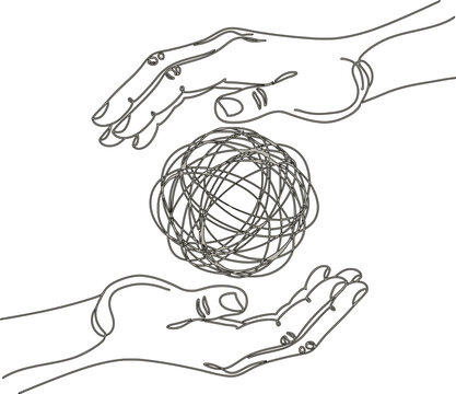 Minimalist line art depicting two hands gently cupping or levitating a glowing abstract sphere of tangled energetic lines symbolizing thought.