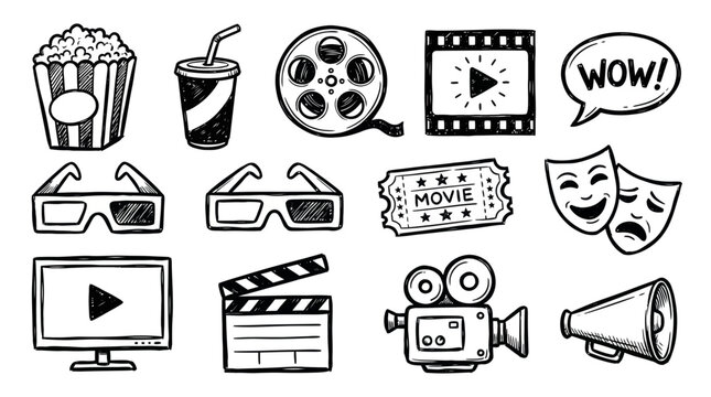 Hand-drawn vector doodle set of cinema and movie icons including popcorn, reel, glasses and clapboard, concept for film production, streaming services and theater promotions