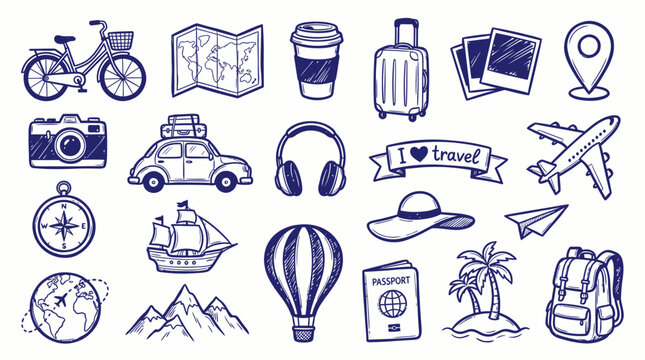 Collection of hand drawn blue travel doodle icons showing transportation, luggage, map and destination symbols, concept for tourism advertising, booking websites and vacation planning materials