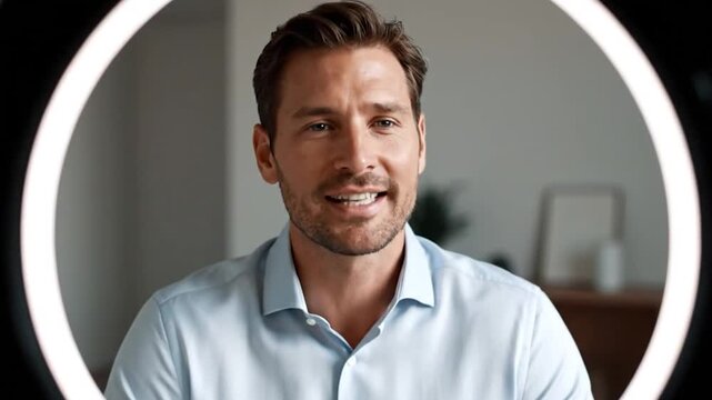 A man in a light blue shirt speaks, framed by a ring light, in a soft-lit indoor setting
