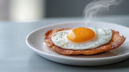 Single fried egg on white plate, minimalist composition.