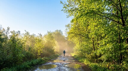 Forest trail puddles in morning mist sunlight