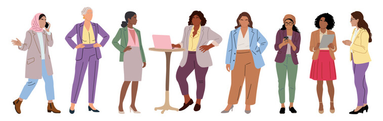 Fototapeta premium Set of diverse professional women in modern business attire, standing, communicating, and working with devices. Flat vector illustration isolated on transparent background.