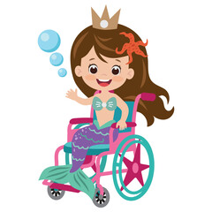 Cute mermaid girl sitting in wheel chair vector cartoon illustration.
Sea princess vector cartoon illustration