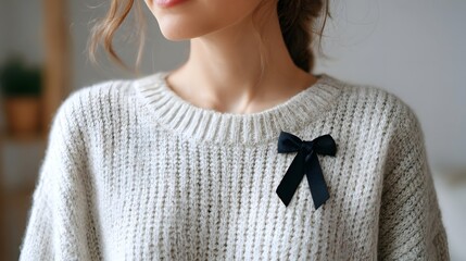 Elegant knit sweater featuring a black bow accessory