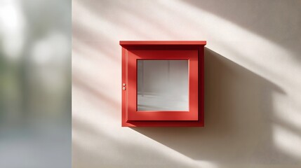 Red square wall mounted glass fronted cabinet with light shadows