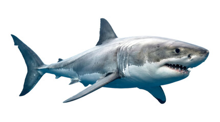Fototapeta premium Powerful great white shark with visible sharp teeth swims majestically, captured in a full-body side profile that highlights its scarred skin and predatory features