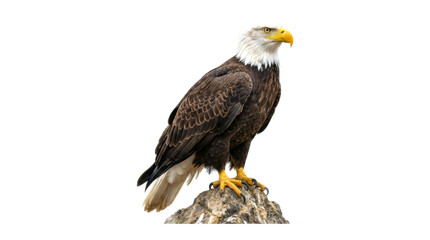 Obraz premium Majestic bald eagle with a white head perches proudly on a rugged rock, showcasing its powerful yellow talons and sharp hooked beak in a detailed full-length profile view