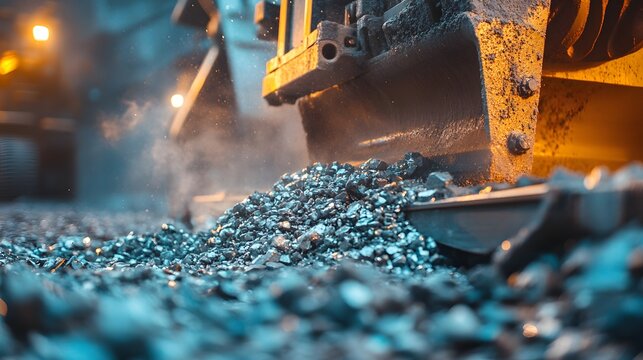 Close up of lithium ore being processed by heavy machinery in an industrial mining operation with glowing lights and dust particles suspended in the air around metallic debris.