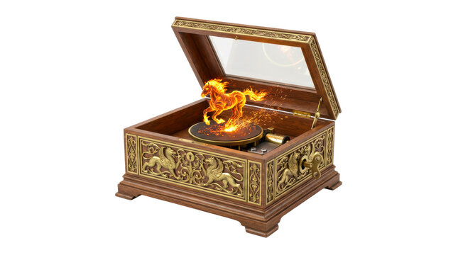 Vintage wooden music box with ornate gold carvings features a magical spinning horse figurine made of fire and sparks, creating a surreal and fantastical scene