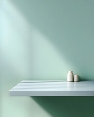 Minimalist shelf with ceramic vases on pastel green wall