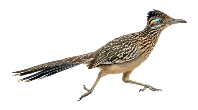 Greater roadrunner bird with mottled brown plumage walks in a full-length side profile, showcasing its long tail, crest, and vibrant blue and orange eye patch