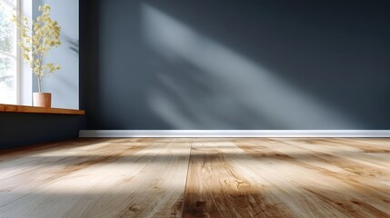 Sunlit wooden floor in an empty minimalist interior room