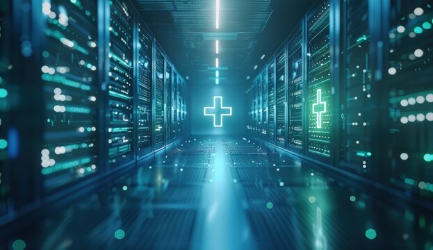 Vibrant blue-toned server room aisle with glowing racks and central digital plus sign - Powered by Adobe