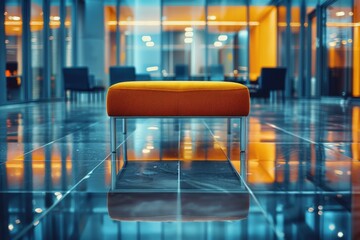 Vibrant orange bench on reflective floor in a modern blue-orange office lobby