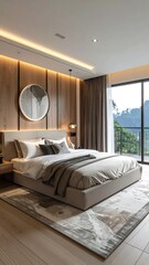 A modern bedroom with a large bed, wooden paneling, and a view