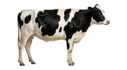 Healthy black and white Holstein Friesian cow standing in a full-length side profile, showcasing its distinct spotted coat pattern, udder, and calm demeanor