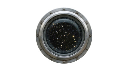 Fototapeta premium Round metal spaceship porthole window looks out into the vastness of deep space, revealing countless distant galaxies and stars in a stunning cosmic vista
