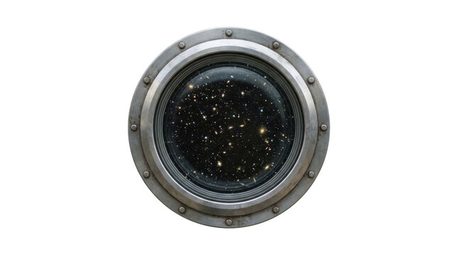 Round metal spaceship porthole window looks out into the vastness of deep space, revealing countless distant galaxies and stars in a stunning cosmic vista