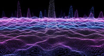 Digital Waveform: This captivating image showcases an abstract digital waveform, with peaks and valleys illuminated by vibrant purple and blue hues.