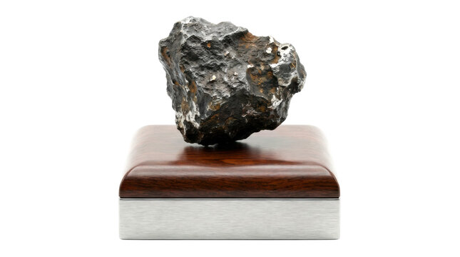 Large iron meteorite with a dark fusion crust and textured surface is presented as a valuable collectible on a modern stand made of polished wood and brushed metal