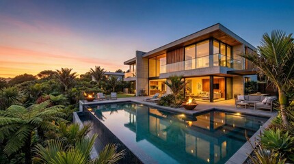 Fototapeta premium Modern Home With Pool At Sunset - A modern architectural house with a pool, surrounded by tropical plants at sunset