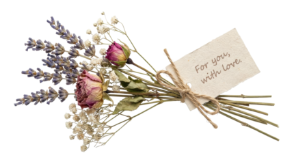 Delicate dried flower bouquet with lavender, rosebuds, and gypsophila, tied with jute string and a handmade paper note with the message 'For you, with love.'