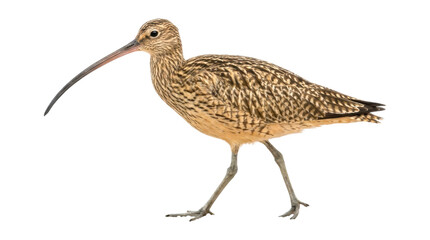 Eurasian curlew bird with a long decurved bill and mottled brown plumage is walking in a full-length side profile view showing its detailed feathers and long legs
