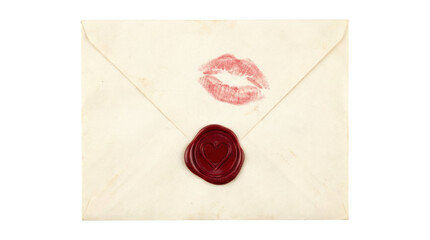 Old yellowed paper love letter envelope is sealed with a red wax heart stamp and marked with a romantic lipstick kiss print, conveying a sentimental and vintage message