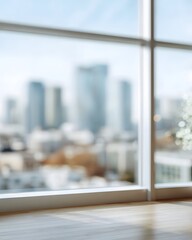 Bright city view through large modern window