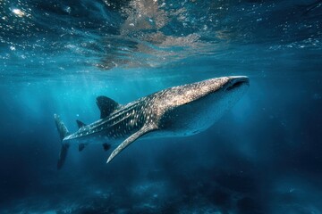 Fototapeta premium Whale shark gliding gracefully through clear ocean waters, showcasing its unique patterns and serene beauty in a vibrant underwater scene