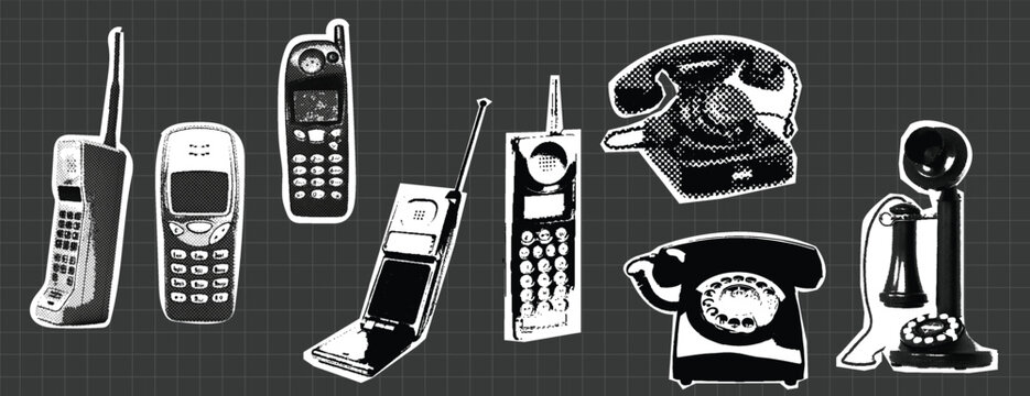 Vintage Retro Pop Art Style Halftone Telephone  Communication Devices Set Collection, Retro Old Mobile Phones and Antique Telephones and Classic Rotary Handsets Graphic Design Illustration