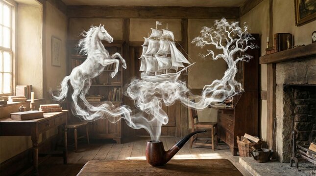 Dreamy Smoke Pipe Scene - A smoke pipe emits fantastical shapes: a horse symbolizes freedom, a ship symbolizes adventure, a tree symbolizes growth, all in a classic setting, conveying imagination