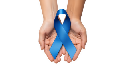 Hands holding blue ribbon isolated on transparent background