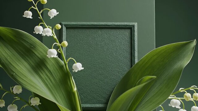 Close Up Lily of the Valley Flowers with Green Leaves and Textured Background