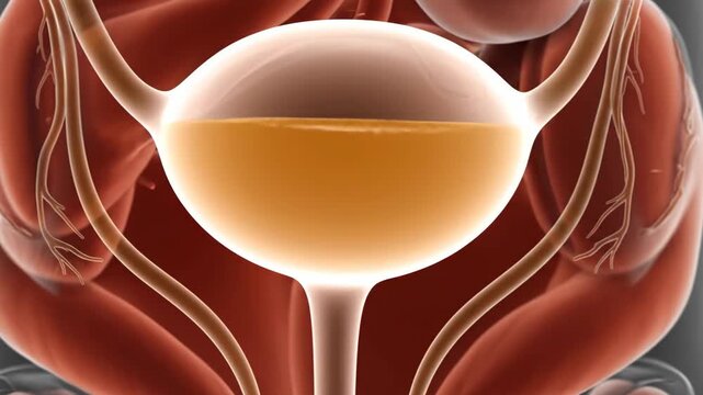 Detailed 3D animation showing the human bladder filling with urine, illustrating the urinary system's function and anatomy. Essential for medical education.