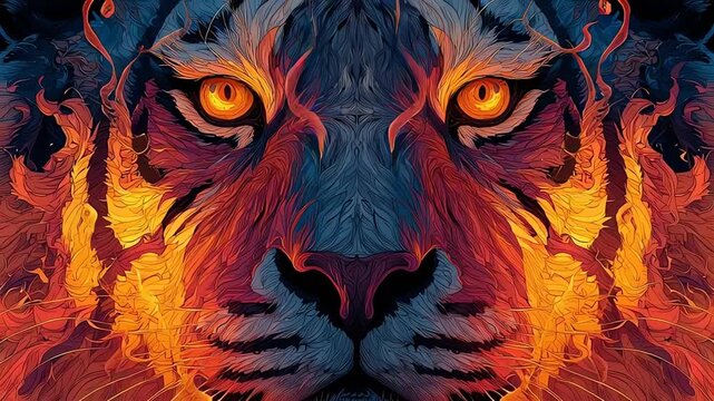 Fiery abstract tiger face with glowing eyes.