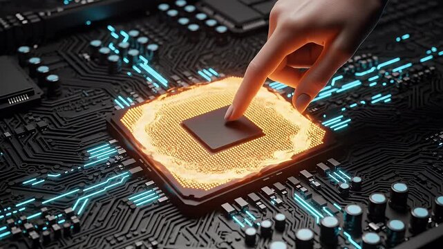 Close Up Of A Human Finger Touching A Glowing Golden Central Processing Unit On A Black Circuit Board With Blue Lights