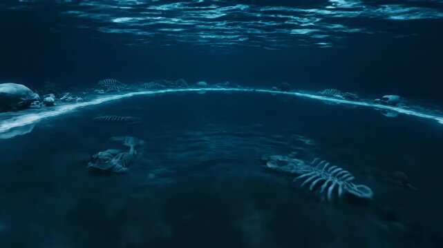 Eerie underwater scene with animal skeletons and dark pool