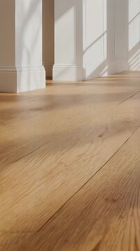 View of wooden flooring, white columns, and shadows in a sunlit interior
